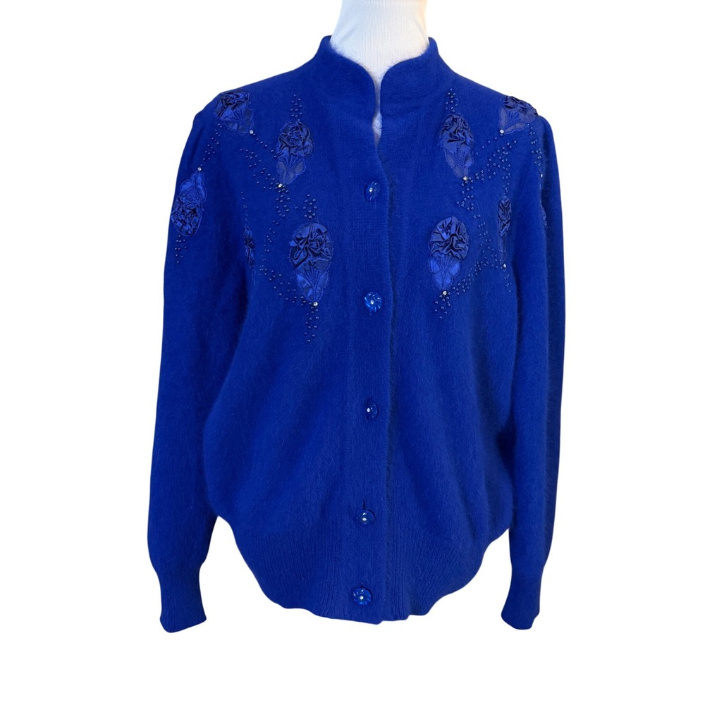 C.C. International Cardigan Women M Blue Angora Wool Blend Beaded Floral Vintage